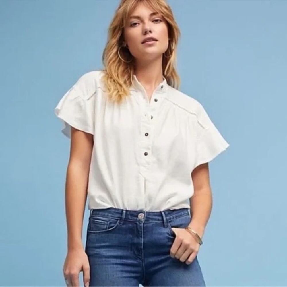 Maeve White Sylvan Short Sleeve Boho Flutter Linen Blouse Large Peasant